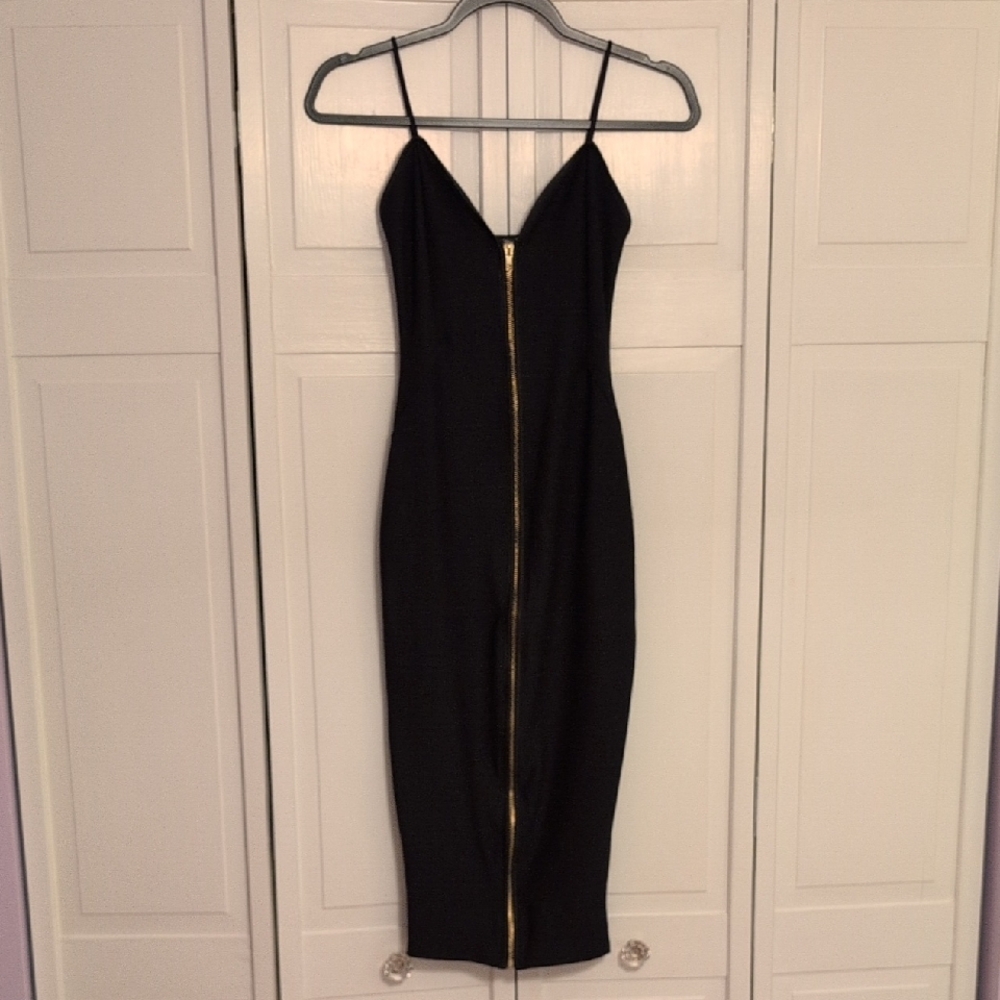 Boohoo Black Bandage Midi Dress with Gold Zipper